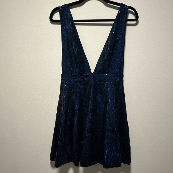 NBD Starry Nights Navy Midnight Sequin Deep V Dress Mini Dress, Size S - Picture 2 of 12